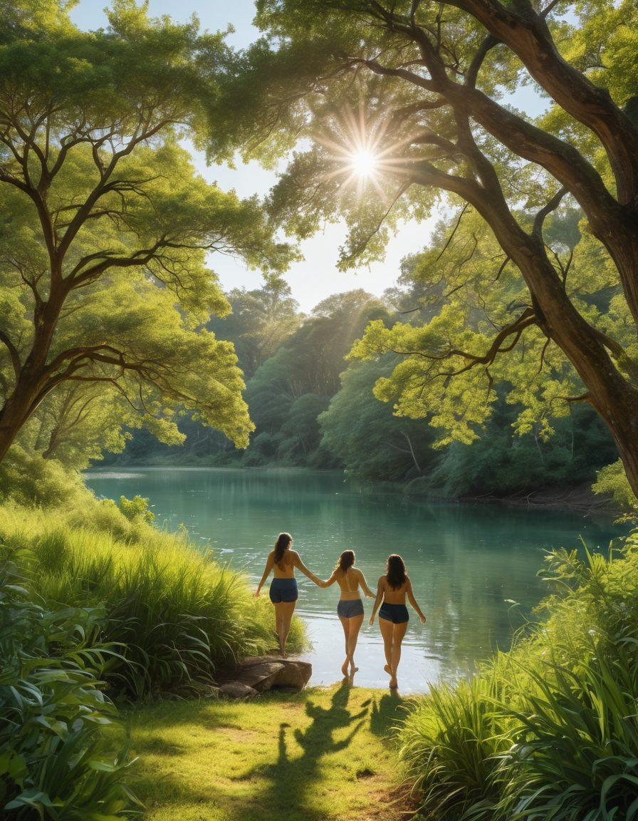 A serene landscape featuring a diverse group of people enjoying nature in a beautiful, open environment, celebrating body positivity and freedom. Include lush greenery, soft sunlight filtering through trees, and peaceful water in the background. Capture joyful expressions, free movement, and an atmosphere of harmony with nature. super-realistic. vibrant colors. natural setting.