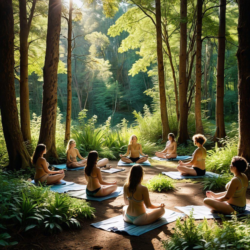 A serene landscape depicting a diverse group of smiling nudists enjoying a sunny day in a lush green forest, engaging in various outdoor activities like yoga, hiking, and painting. The scene captures the essence of freedom and connection with nature, highlighting radiant flowers and majestic trees around them. The warm sunlight creates a golden glow, emphasizing the joy of community and body positivity. super-realistic. vibrant colors. nature background.